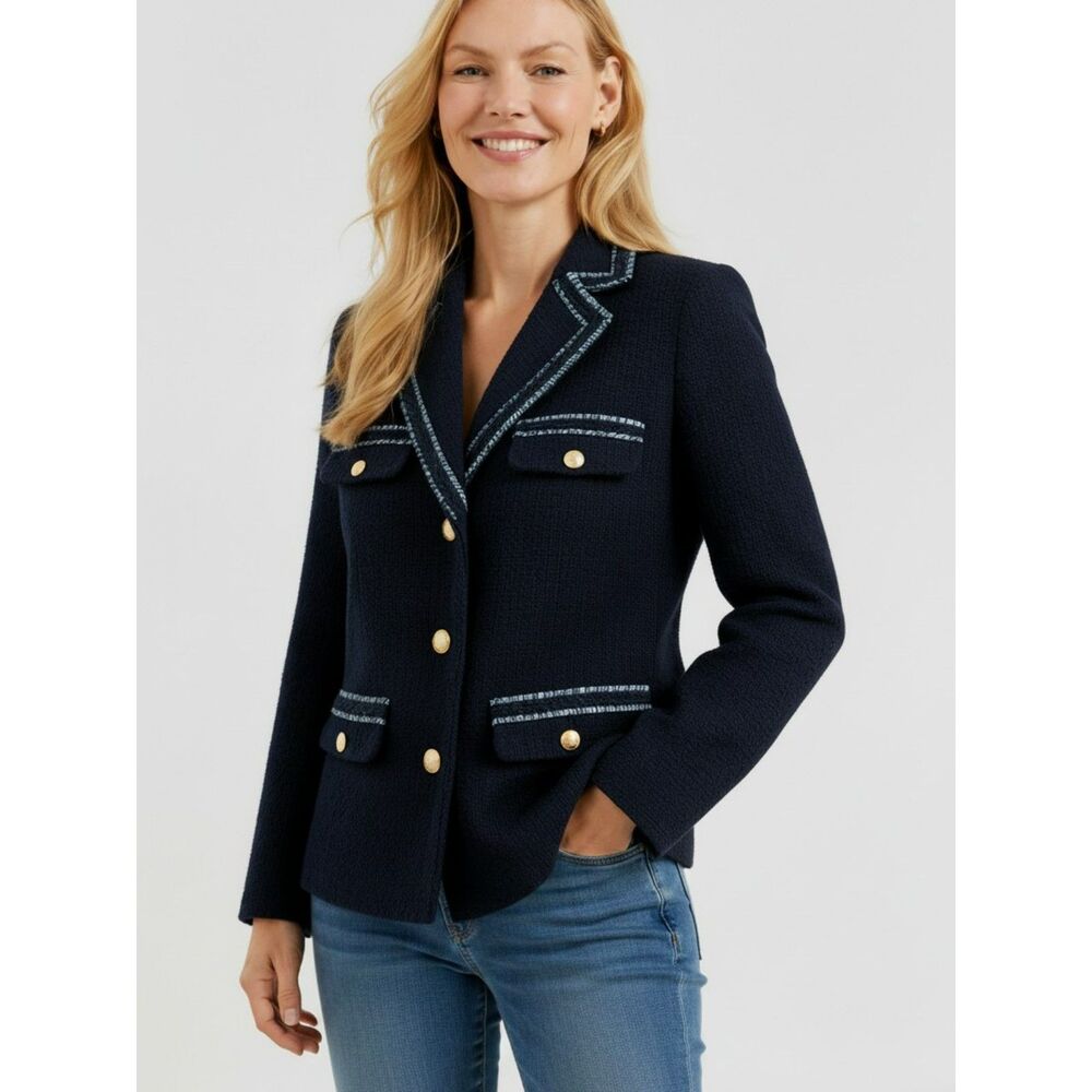 Talbots Tweed Jacket Size 16W Contrast Fringe Trim Gold Crested Buttons Navy NWT
